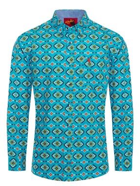Men's Bright Turquoise Aztec Print Long-Sleeve Button-Down Shirt by Rodeo